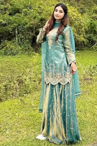Sea green silk blend embroidered palazzo set