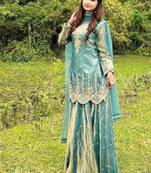 Sea green silk blend embroidered palazzo set