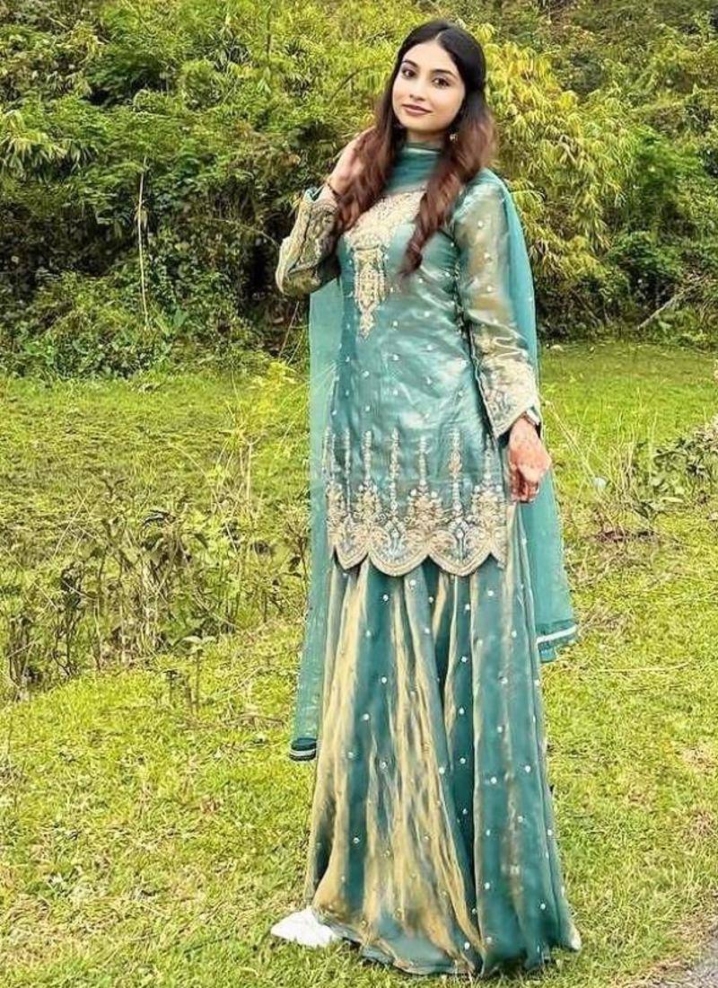 Sea green silk blend embroidered palazzo set