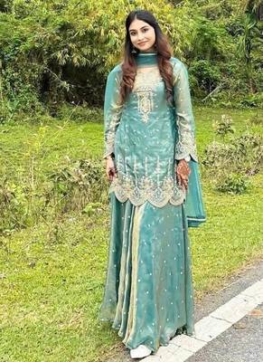 Sea green silk blend embroidered palazzo set 2