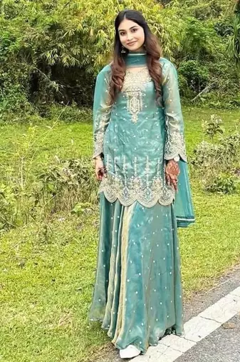 Sea green silk blend embroidered palazzo set