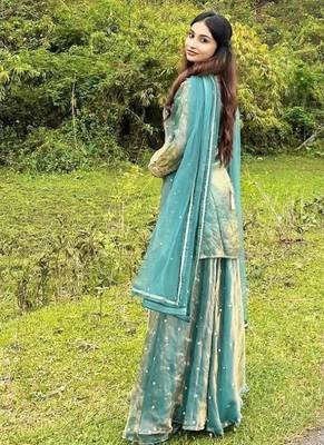 Sea green silk blend embroidered palazzo set 3