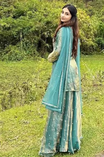 Sea green silk blend embroidered palazzo set