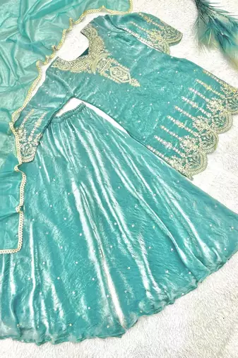Sea green silk blend embroidered palazzo set