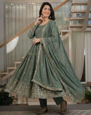 Grey silk blend embroidered anarkali set 1