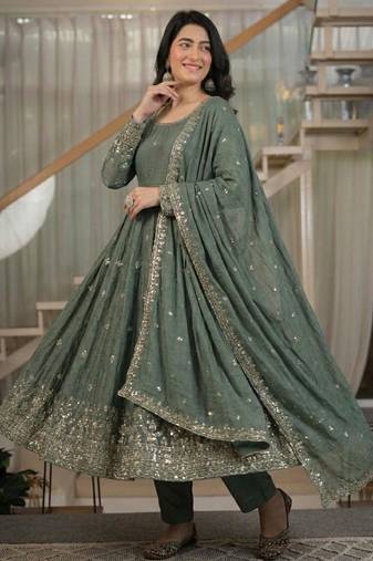 Grey silk blend embroidered anarkali set
