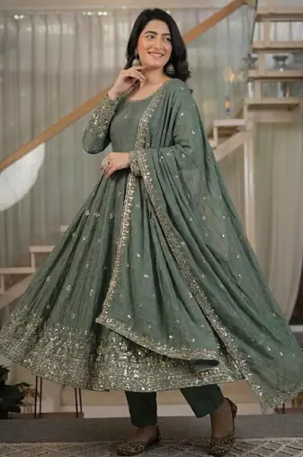 Grey silk blend embroidered anarkali set