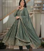 Grey silk blend embroidered anarkali set