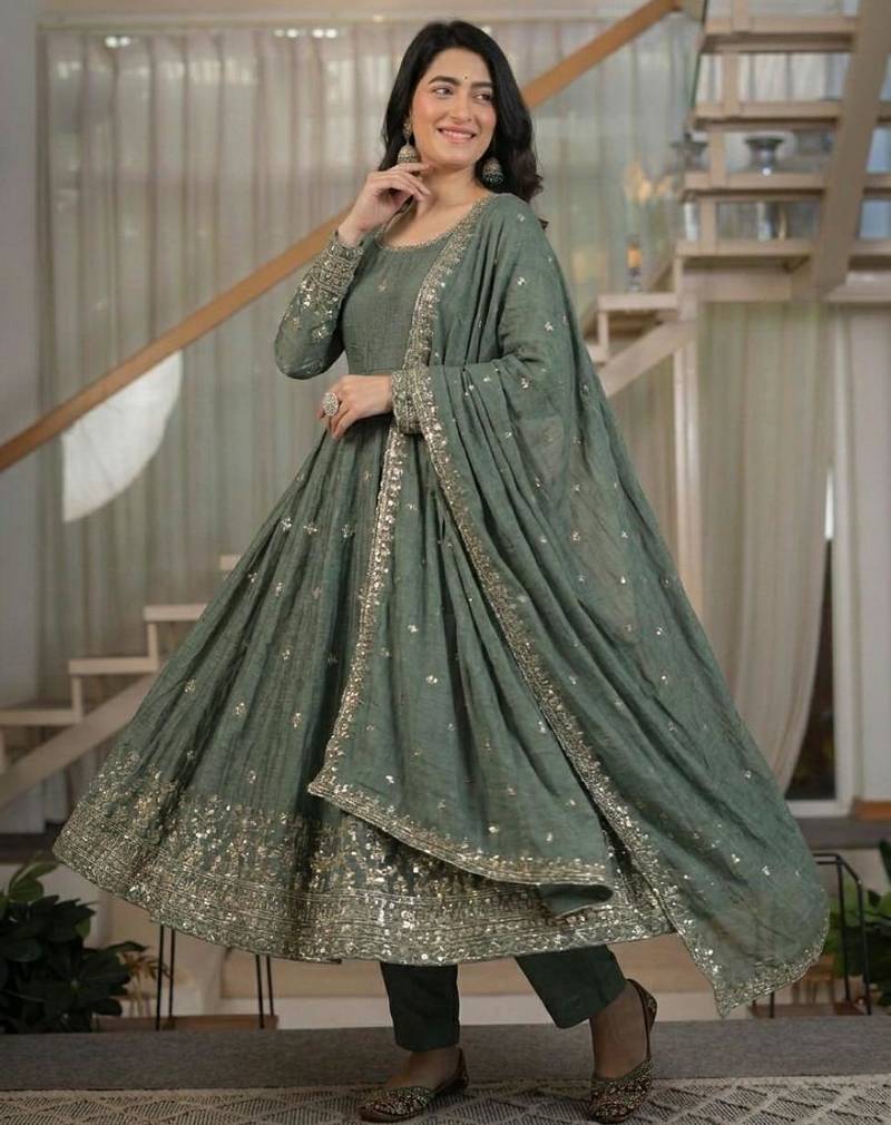 Grey silk blend embroidered anarkali set