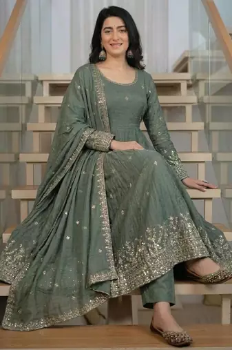 Grey silk blend embroidered anarkali set