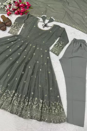 Grey silk blend embroidered anarkali set