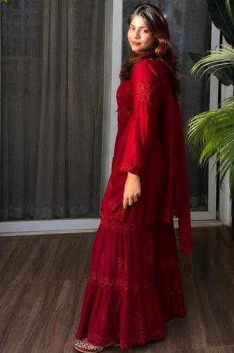 Red rayon embroidered sharara set