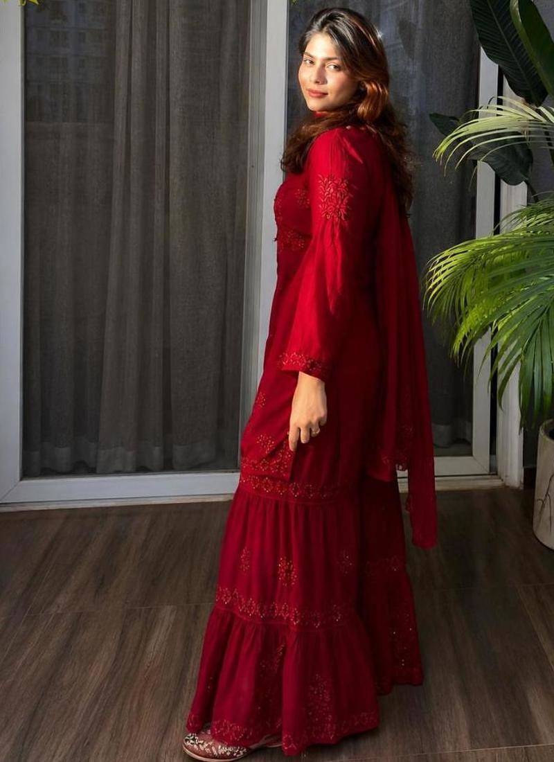 Red rayon embroidered sharara set