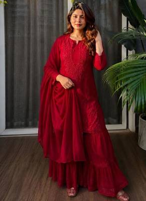 Red rayon embroidered sharara set 2