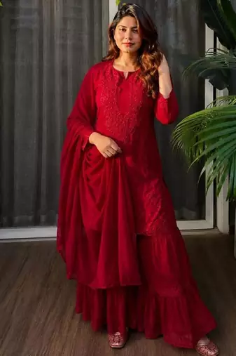 Red rayon embroidered sharara set