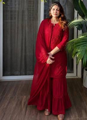 Red rayon embroidered sharara set 3