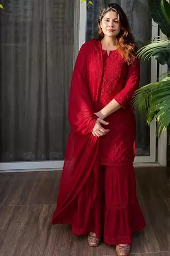 Red rayon embroidered sharara set