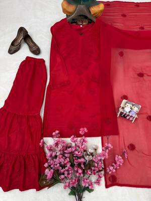 Red rayon embroidered sharara set 4