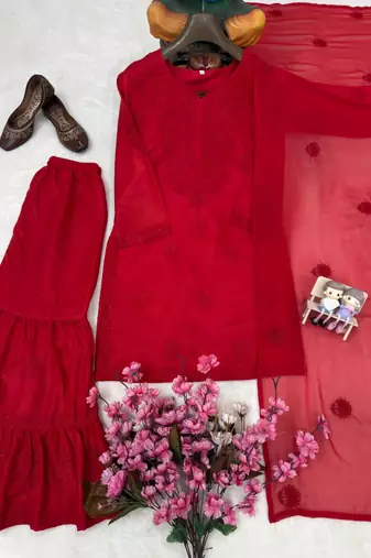 Red rayon embroidered sharara set