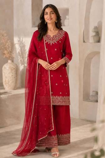 Red silk blend embroidered palazzo set