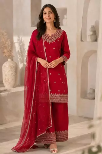 Red silk blend embroidered palazzo set
