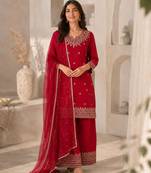 Red silk blend embroidered palazzo set