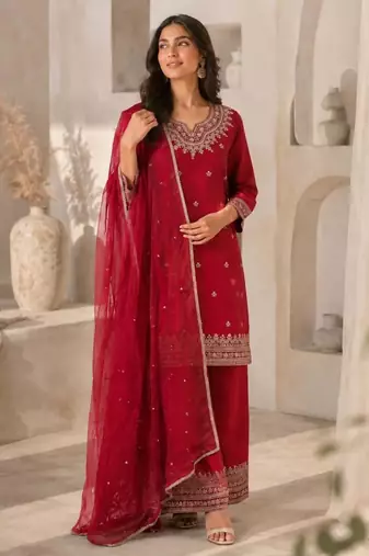 Red silk blend embroidered palazzo set