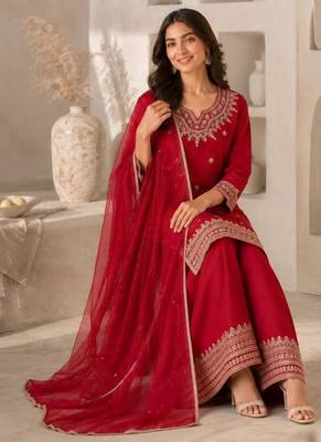 Red silk blend embroidered palazzo set 4