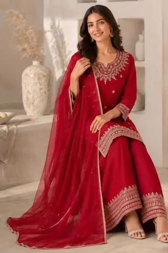 Red silk blend embroidered palazzo set
