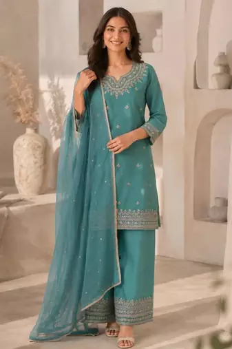 Teal silk blend embroidered salwar kameez