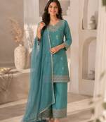 Teal silk blend embroidered salwar kameez