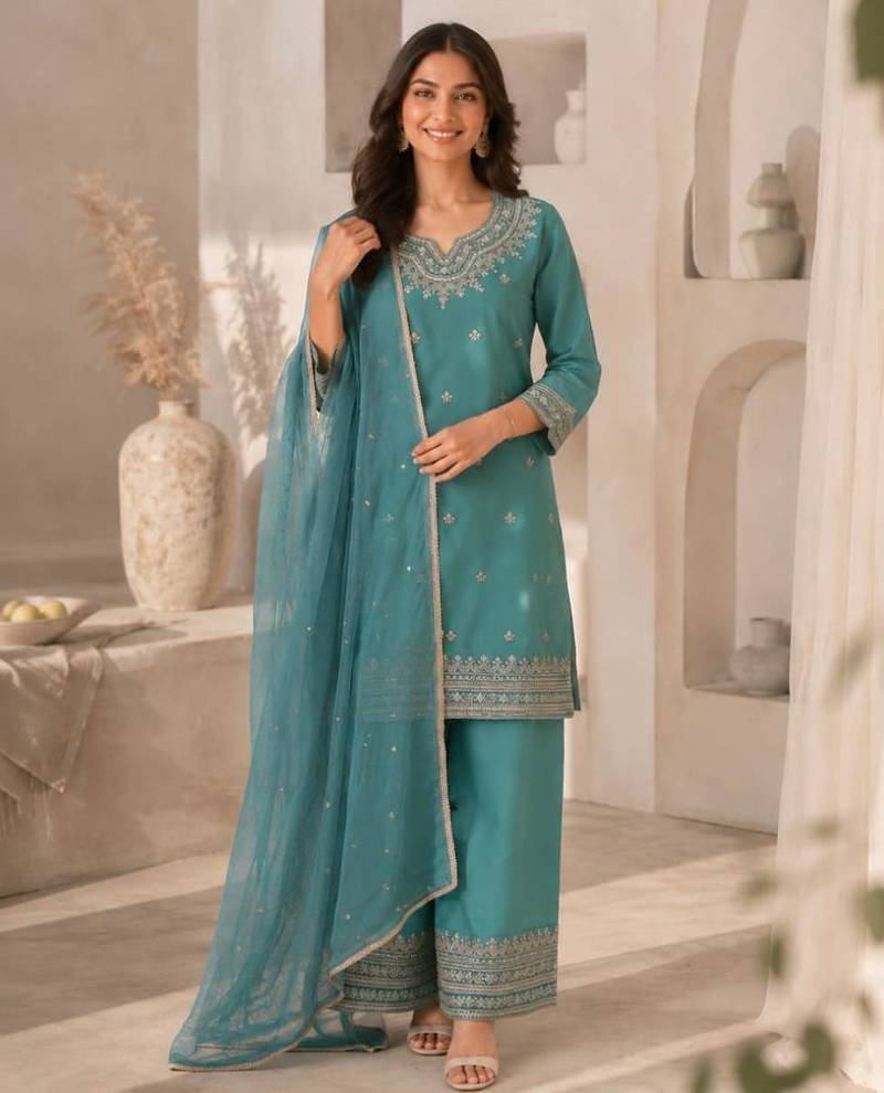 Teal silk blend embroidered salwar kameez