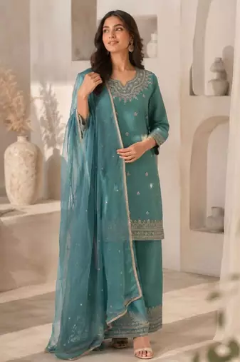 Teal silk blend embroidered salwar kameez