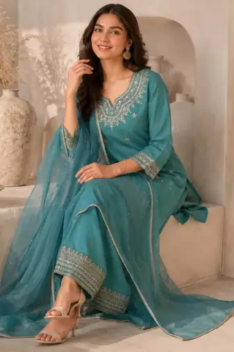 Teal silk blend embroidered salwar kameez