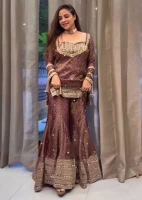 Maroon crepe embroidered sharara set 1