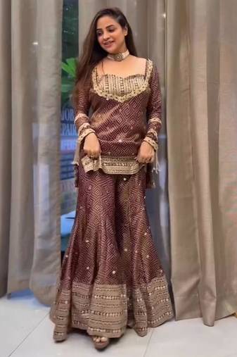 Maroon crepe embroidered sharara set