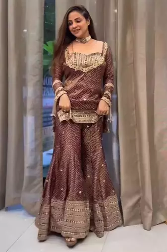 Maroon crepe embroidered sharara set