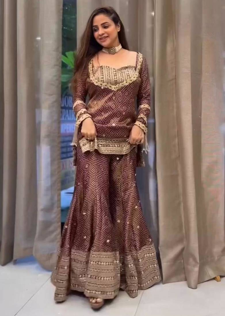 Maroon crepe embroidered sharara set