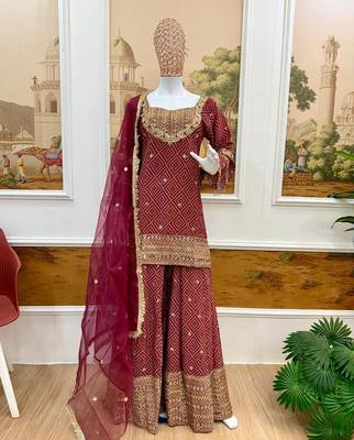 Maroon crepe embroidered sharara set 2