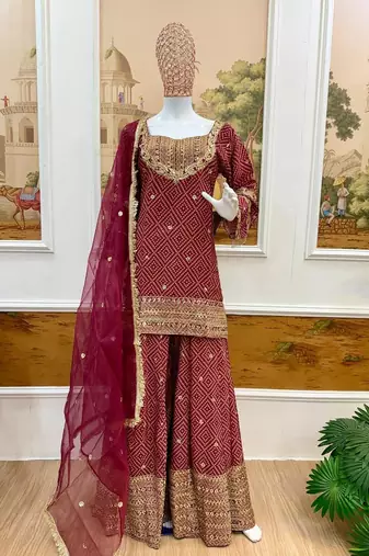 Maroon crepe embroidered sharara set