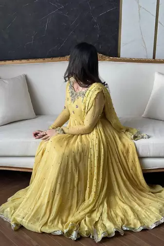 Yellow faux georgette embroidered anarkali set