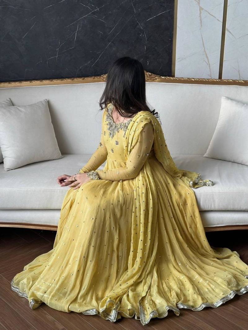 Yellow faux georgette embroidered anarkali set
