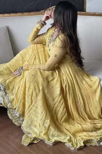 Yellow faux georgette embroidered anarkali set