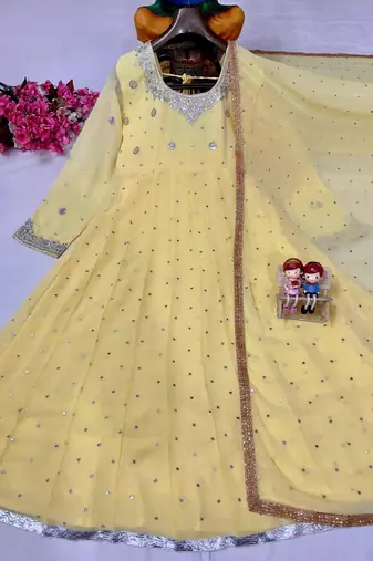 Yellow faux georgette embroidered anarkali set