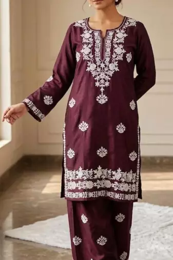 Wine rayon embroidered kurta set