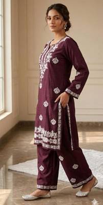 Wine rayon embroidered kurta set 3