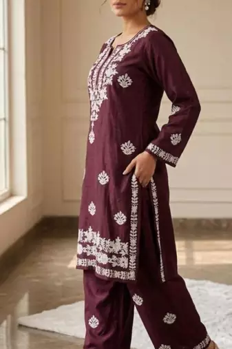 Wine rayon embroidered kurta set