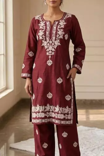 Maroon rayon embroidered kurta set