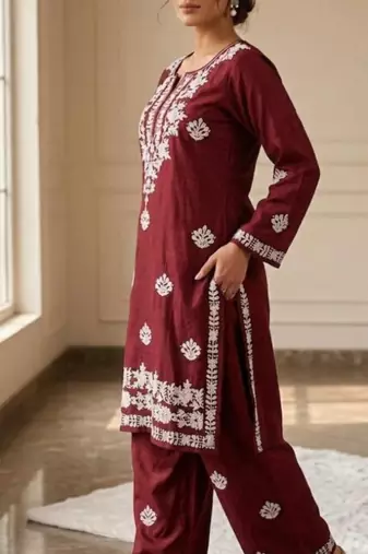 Maroon rayon embroidered kurta set