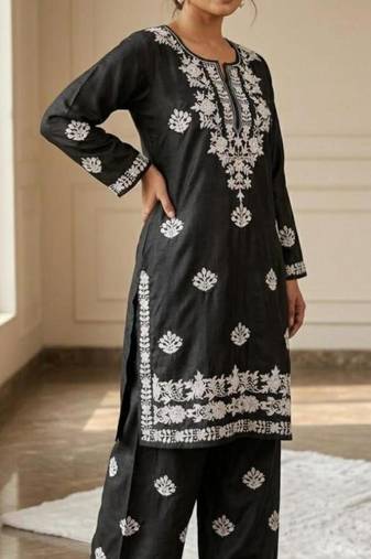 Black rayon embroidered kurta set